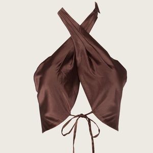 crossed halter top with tie detail in chocolate brown satin, stretch material